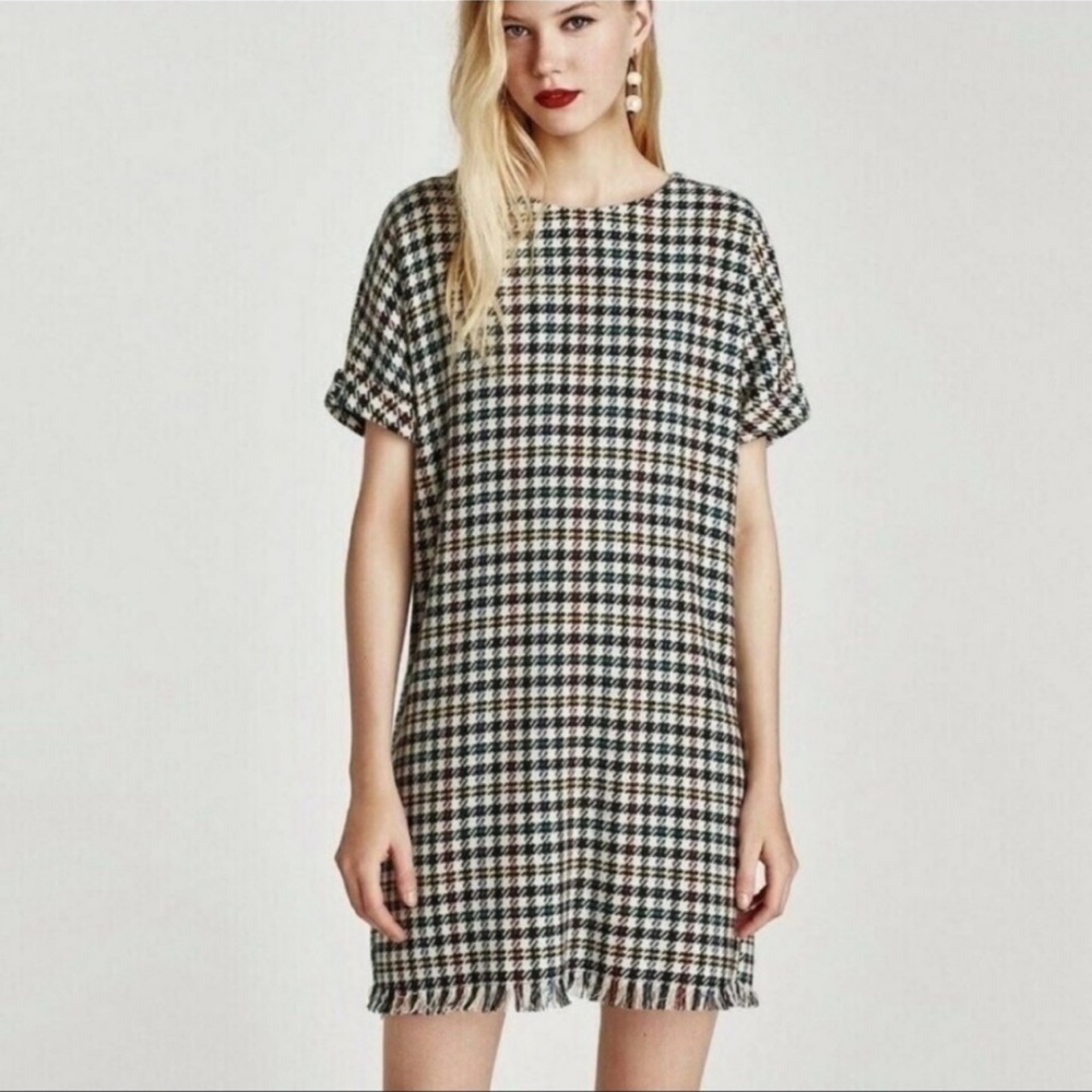 Zara Houndstooth Fringe Oversized Shift Dress Wool Velvet Women’s XS Retro Glam